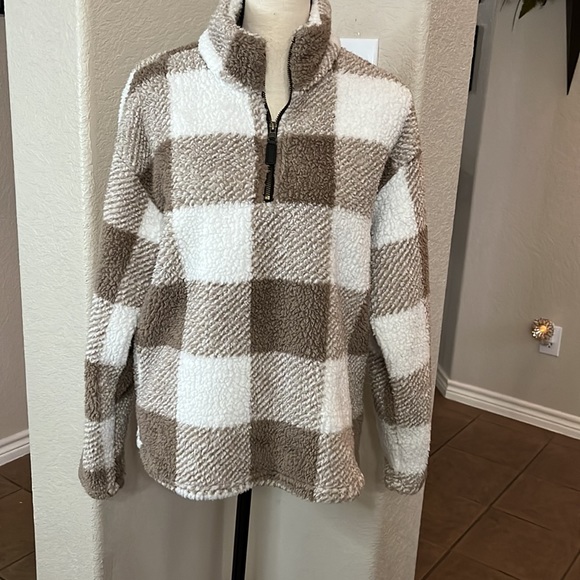 Teddy pullover tan plaid squares half zip jacket - Picture 13 of 17